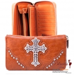Designer Inspired Leatherette Wallet w/ Cross in Rhinestone and stud Decor